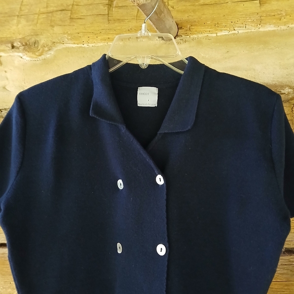 Tricot Par Laurle Brazeau Navy Short Sleeved Double Breasted Cardigan Medium - Picture 2 of 5